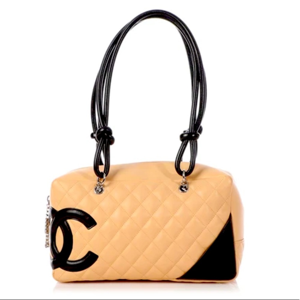CHANEL BEIGE PART-QUILTED CAMBON BOWLING BAG - GREAT CONDITION
